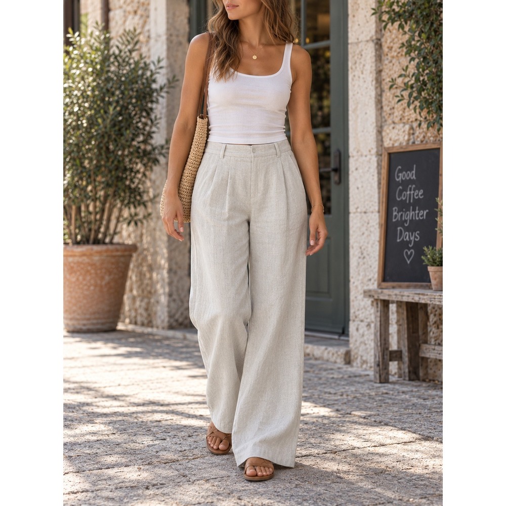 LOFT Curvy Peyton Linen Blend Wide Leg Trouser Pants Women 10 Beige NWT